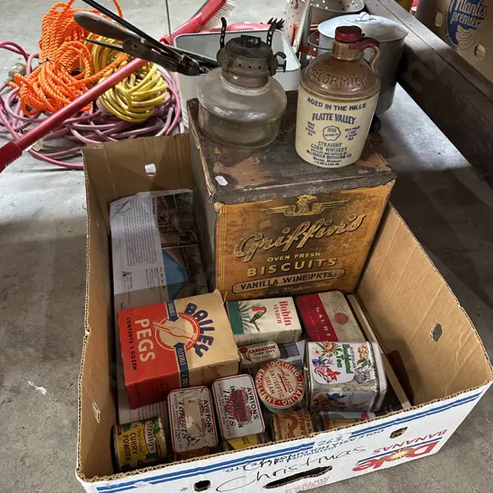 Collectable tins,small crock and lamp base