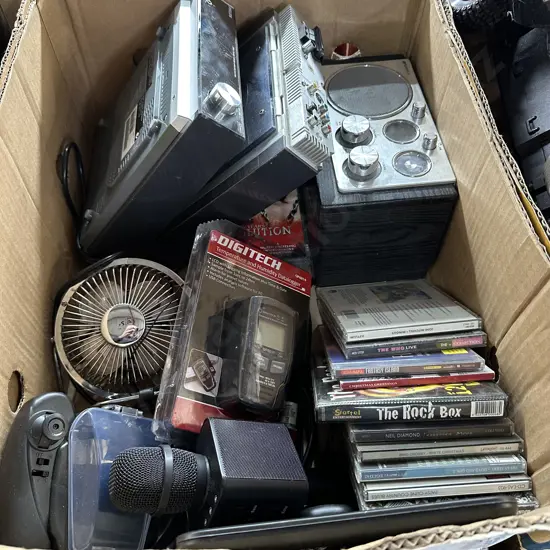 Stereo,radio and CDs,temp, humidity datalogger,sola panel etc