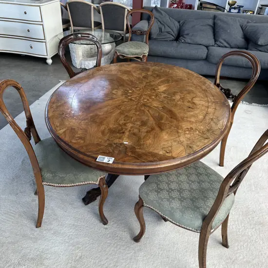 Burr Walnut Inlay breakfast table & 5 chairs (1 chair broken )
