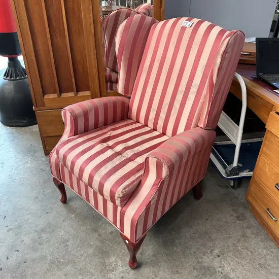 Regency stripe wingback chair (needs some repair)