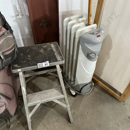 Step stool, heater, cue