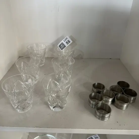 Crystal glasses & pewter napkin rings