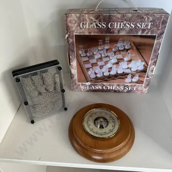 Glass chess set, Rimu barometer, pin art