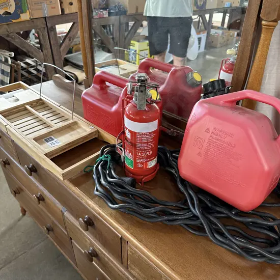 Petrol cans, bath tray, extinguisher etc,