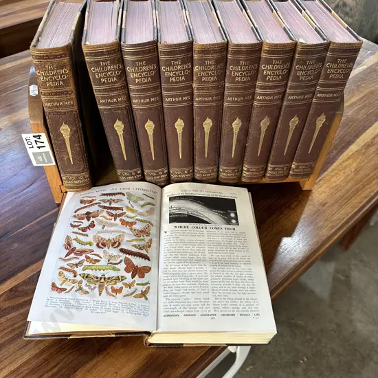 1st edition Leather bound Children's encyclopedia -good condition set of 10 plus stand