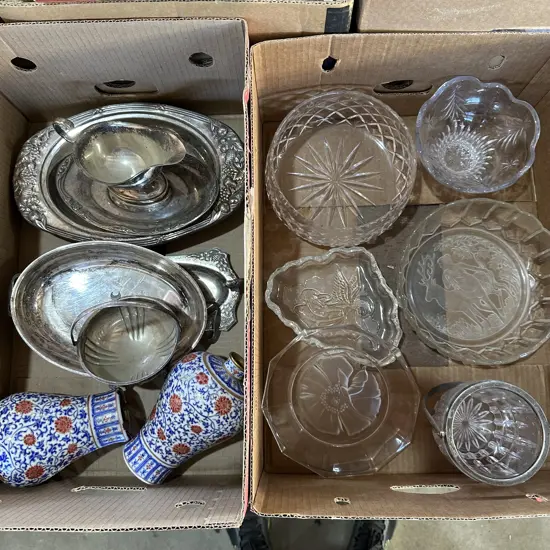 2 boxes glassware and silverware