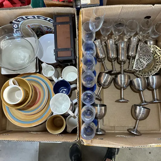 2 boxes goblets, dinnerware