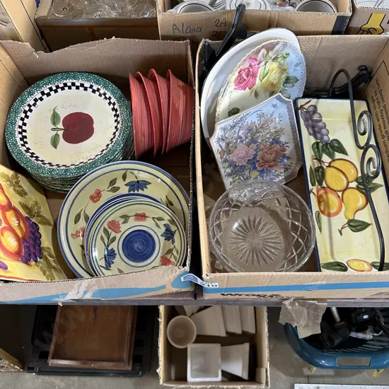 2 box dinner pottery, crystal bowl etc