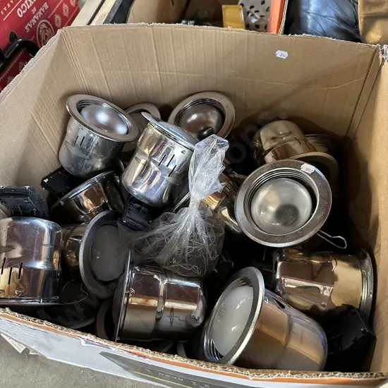 box of down lights and lamps