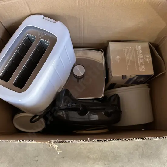 box lot toaster, iron etc