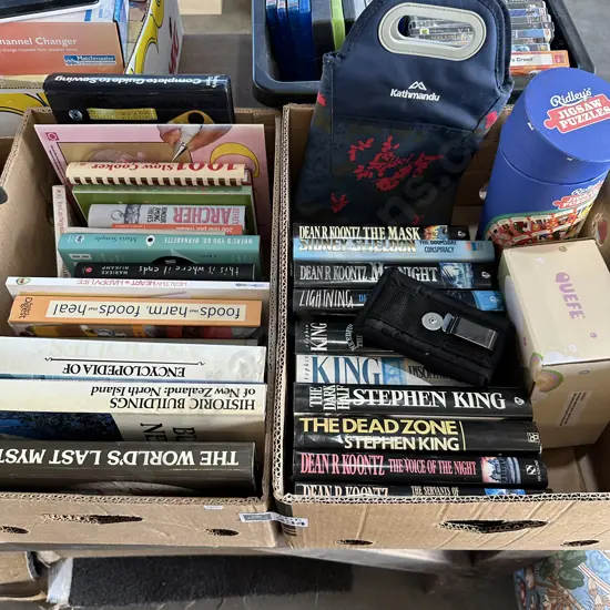 2 box books, beads, jigsaw etc