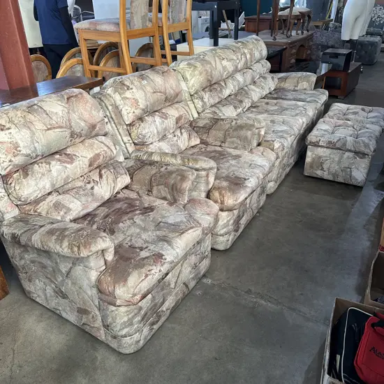 Tidy sofa and 2 chairs plus Pr of foot rests