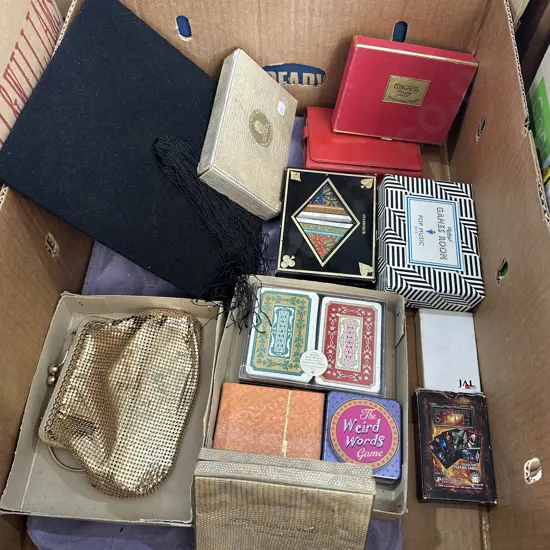 Playing cards, vintage purse, graduation hat  etc