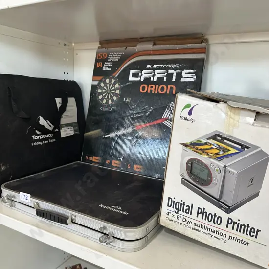 photo printer, camping tables and dart board