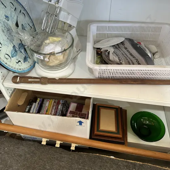 kitchen mixer, walk stick, dvds,rimu curtain  rail, clock etc