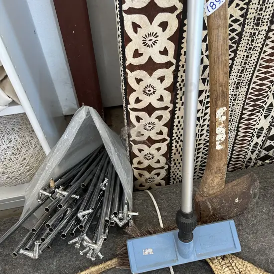 axe, crome stand, brush