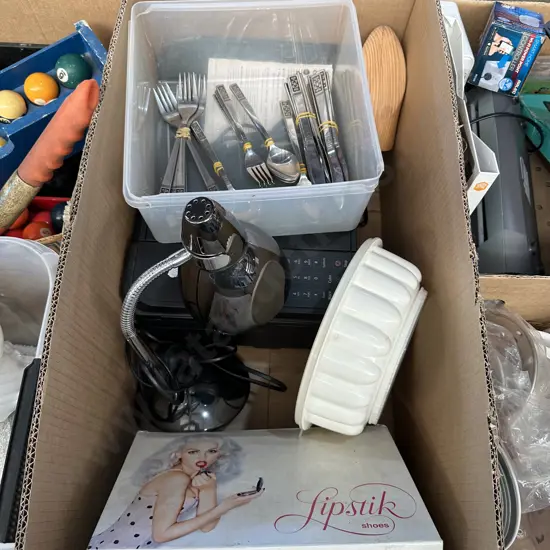 box of cutlery,desk lamp etc