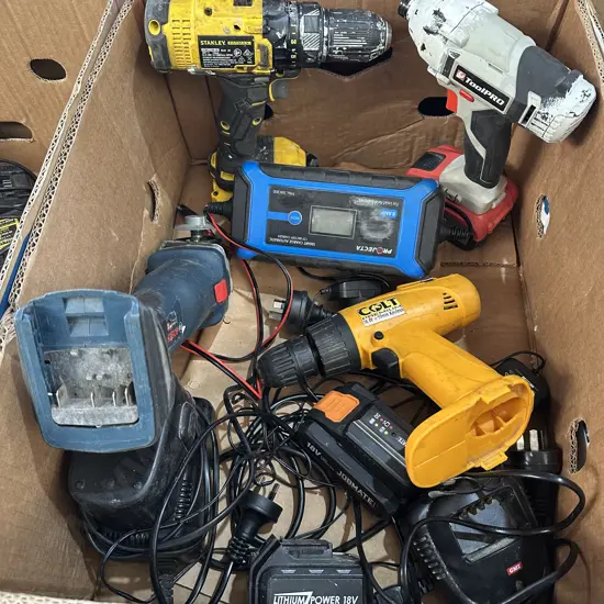 Selection of battery tools and chargers
