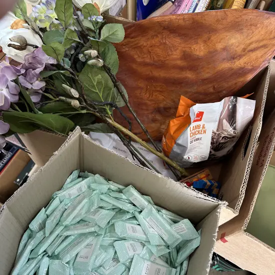 2 Boxes Soaps,wooden tray, artificial flowers and cat biscuits etc