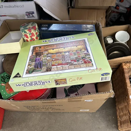 2 Boxes,Jigsaws,plates and cups etc