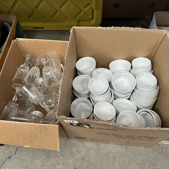 2 boxes of ramekins and glassware