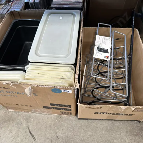 2 Boxes lidded containers and file tidies