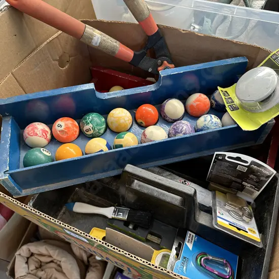 Box of snooker/pool balls,new padlocks,tools and carry case etc