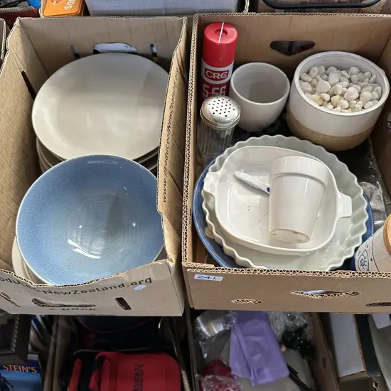 2 Boxes dinnerware,bakeware,planters and full can of CRC