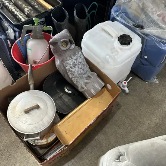 owl, sleep bag, container, gumboots etc