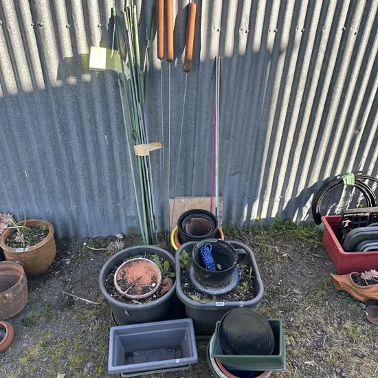 plastic planters, stakes etc