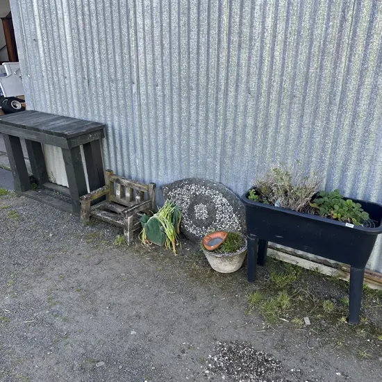 planter, table, chair, tools etc