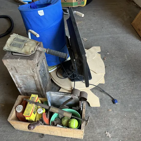 ammo box, camping spade, vintage shears and grease gun, moniter, etc