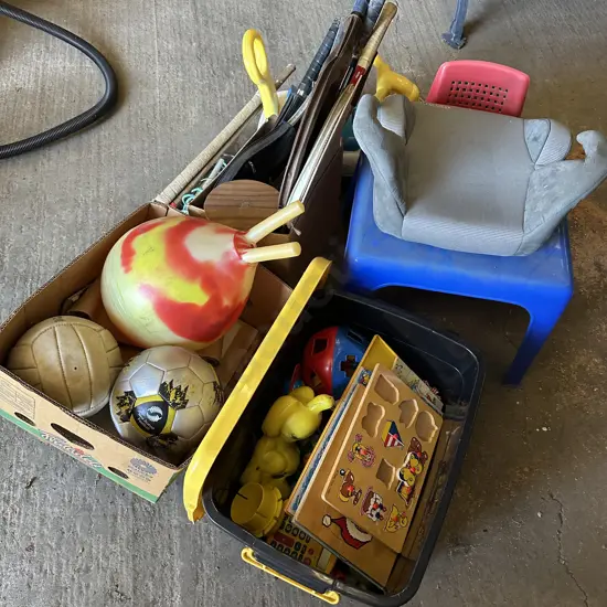 toy, sports gear, plastic kids table and chairs, booster etc