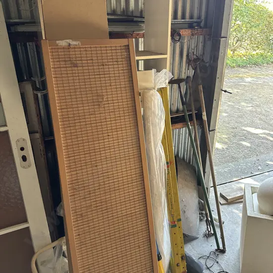 screen, ores, shelf, stilts, garden tools and scrap metal