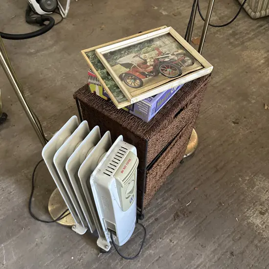 wicker drawers, lamps, heater etc
