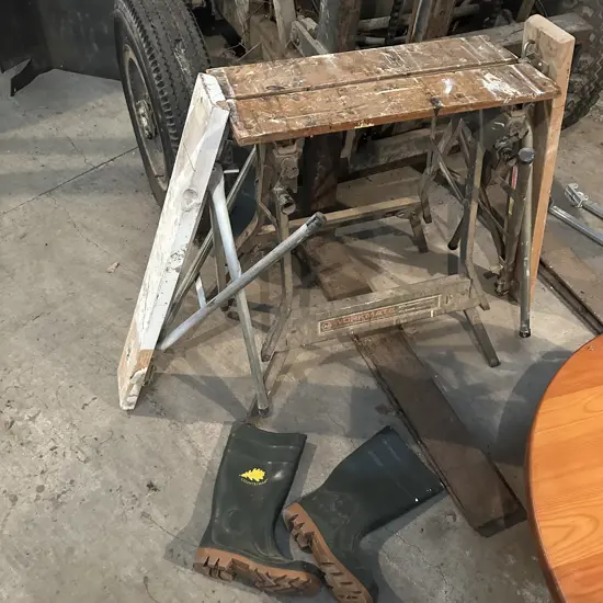 workmate, saw horses and gumboots