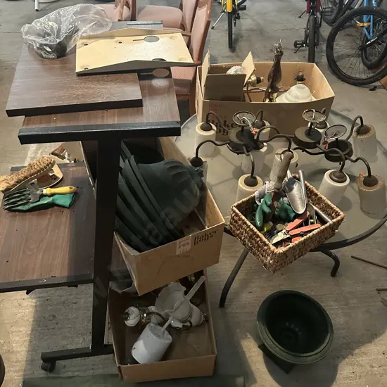 vintage light fittings, outdoor table, desk, plastic planters etc
