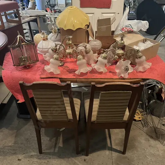 dining table , 2 chairs and vintage light fittings
