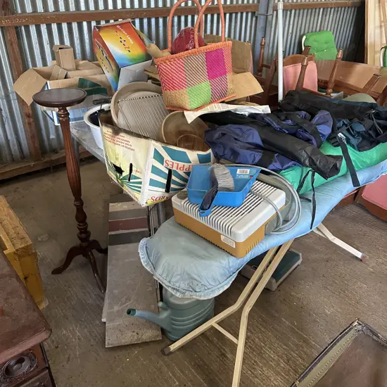 Formica retro table and contents plus iron board and plant stand