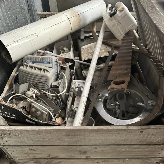 bin lot inc stainless sink, antique bow saw etc