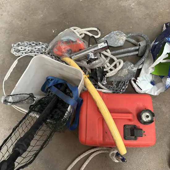 anchor, fuel tank, net, snorkle gear, new rod holder etc