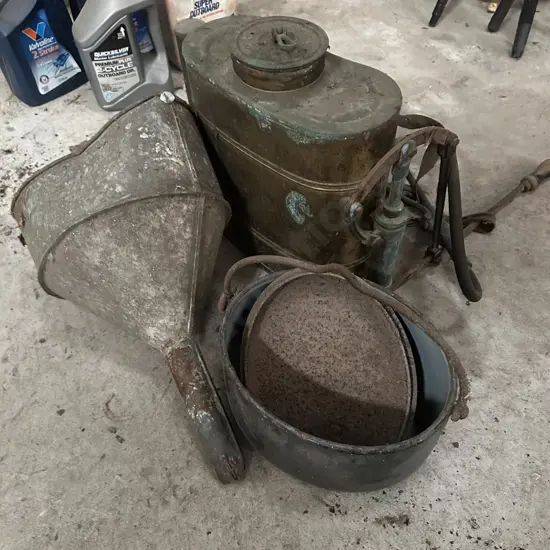 vintage sprayer, funnel and pot