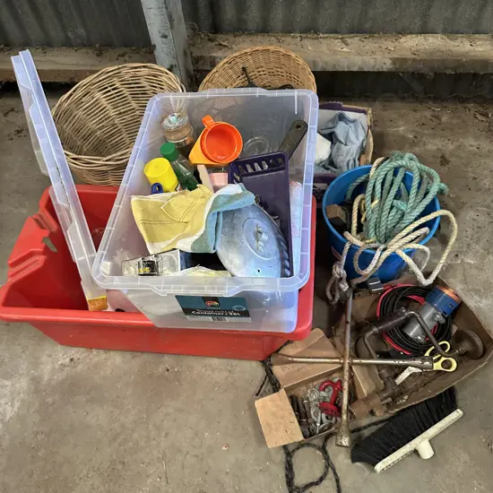 large lot asst inc wicker baskets, red bin etc