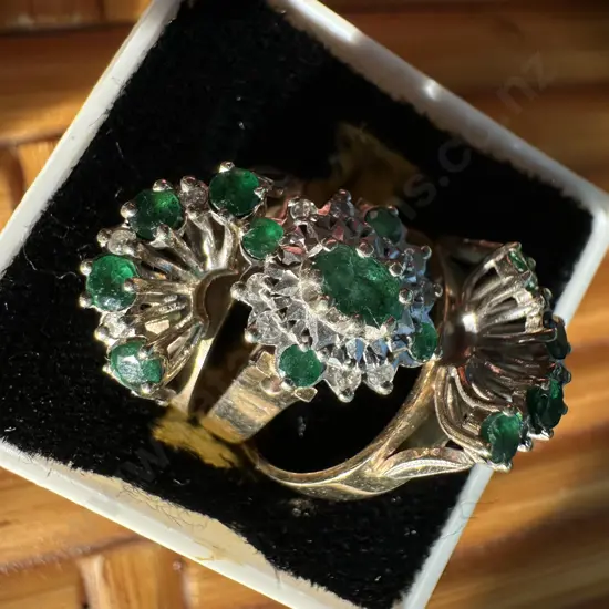 Trio 9ct Gold rings with 27 stone Emerald & Diamond cluster