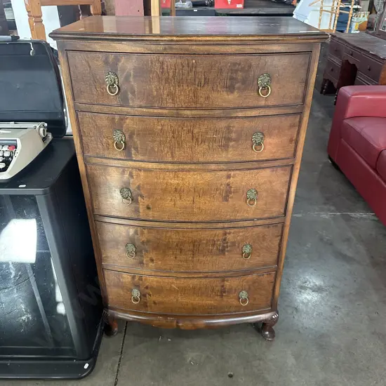 Walnut bow front chest with Burr drawers