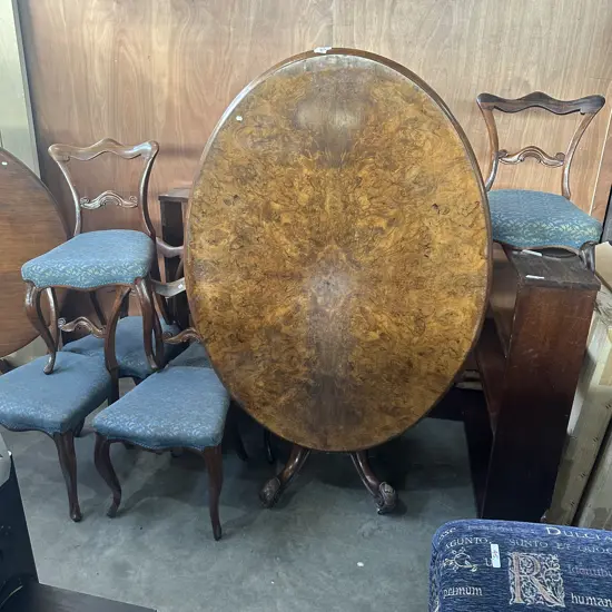 Burr Walnut Victorian breakfast table and 6 chairs