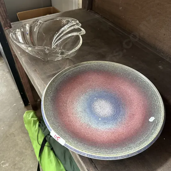 37cm Pottery platter signed db plus glass bowl