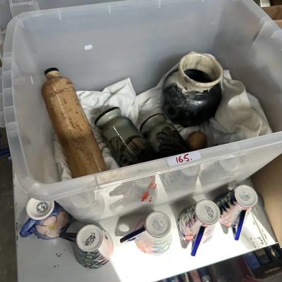 Studio cups, pottery, plastic bin