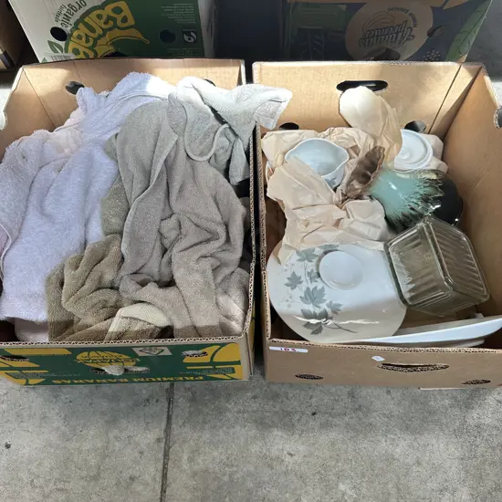 2 Boxes, Noritake dinnerware and towels etc