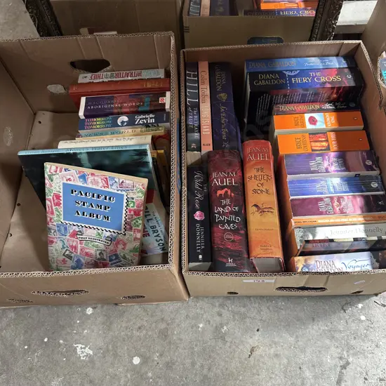 2 Boxes books, stamp album